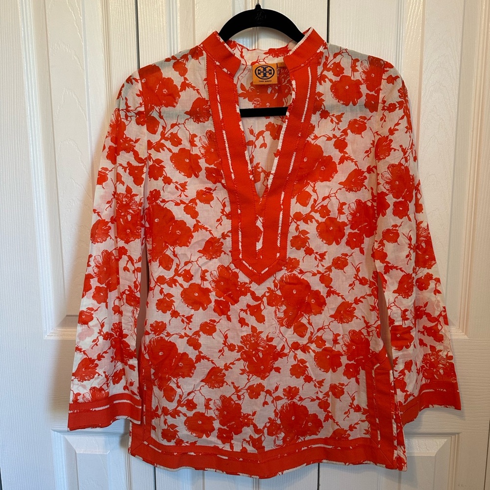Tory Burch Red/Orange Floral Cotton Tunic Cover Up